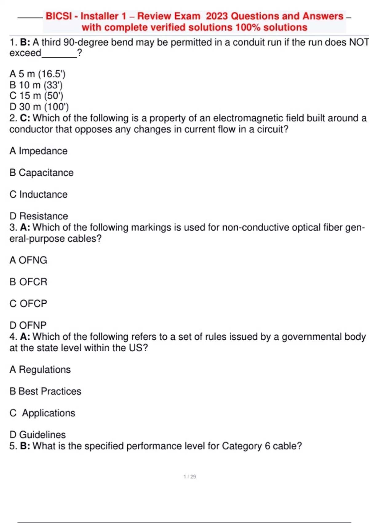 UPDATED 2025/2026 BICSI - Installer 1 – Review Exam Questions and ...