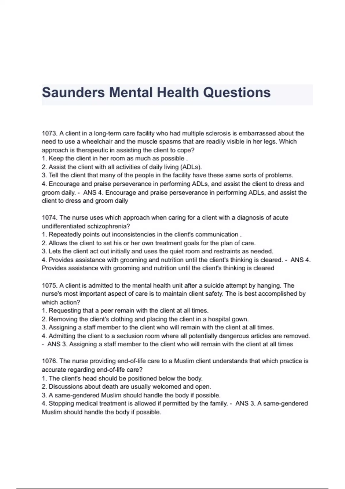 Saunders Mental Health Questions & Answers 2023 ( A+ GRADED 100