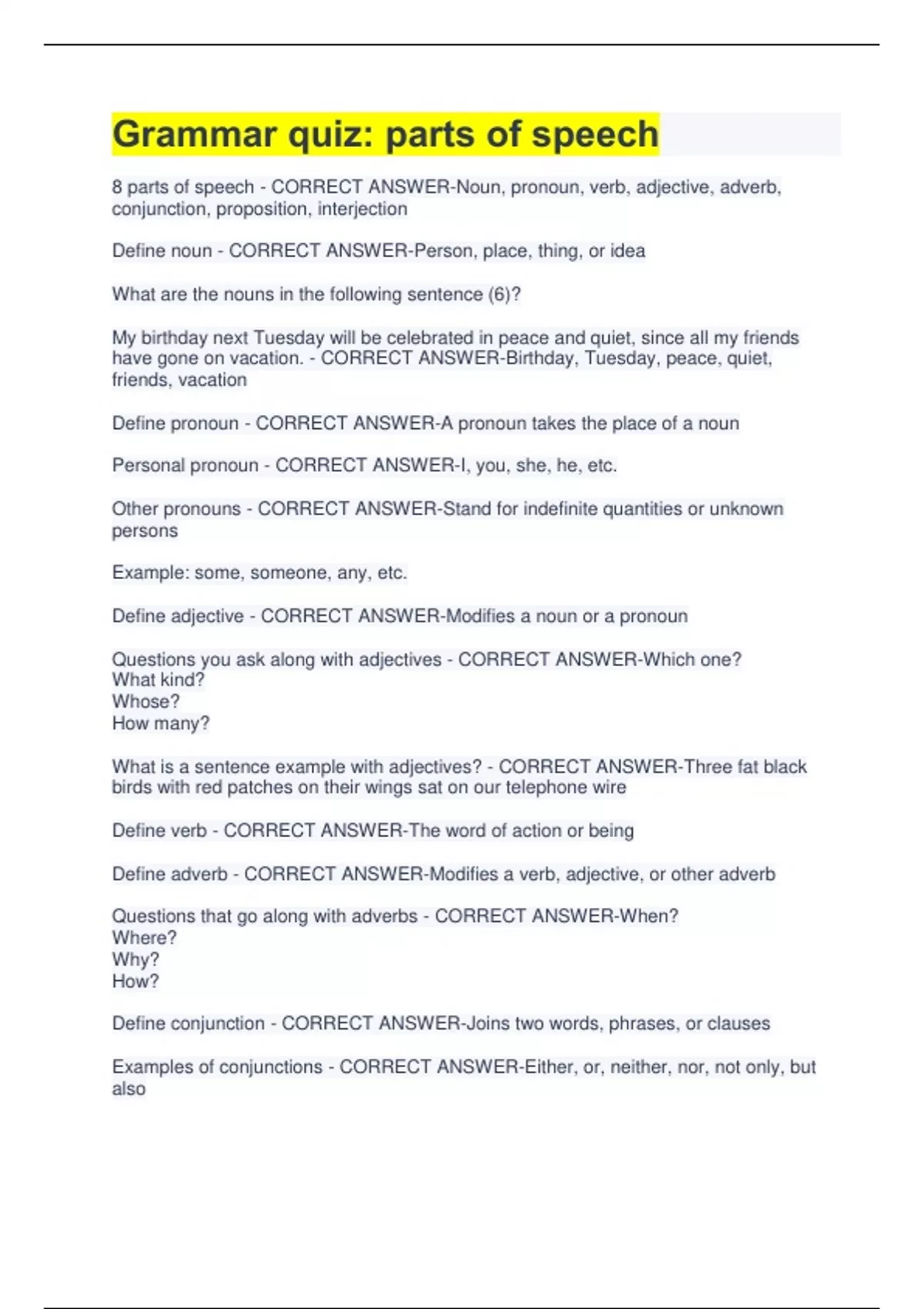 Grammar quiz parts of speech ENGLISH Stuvia US