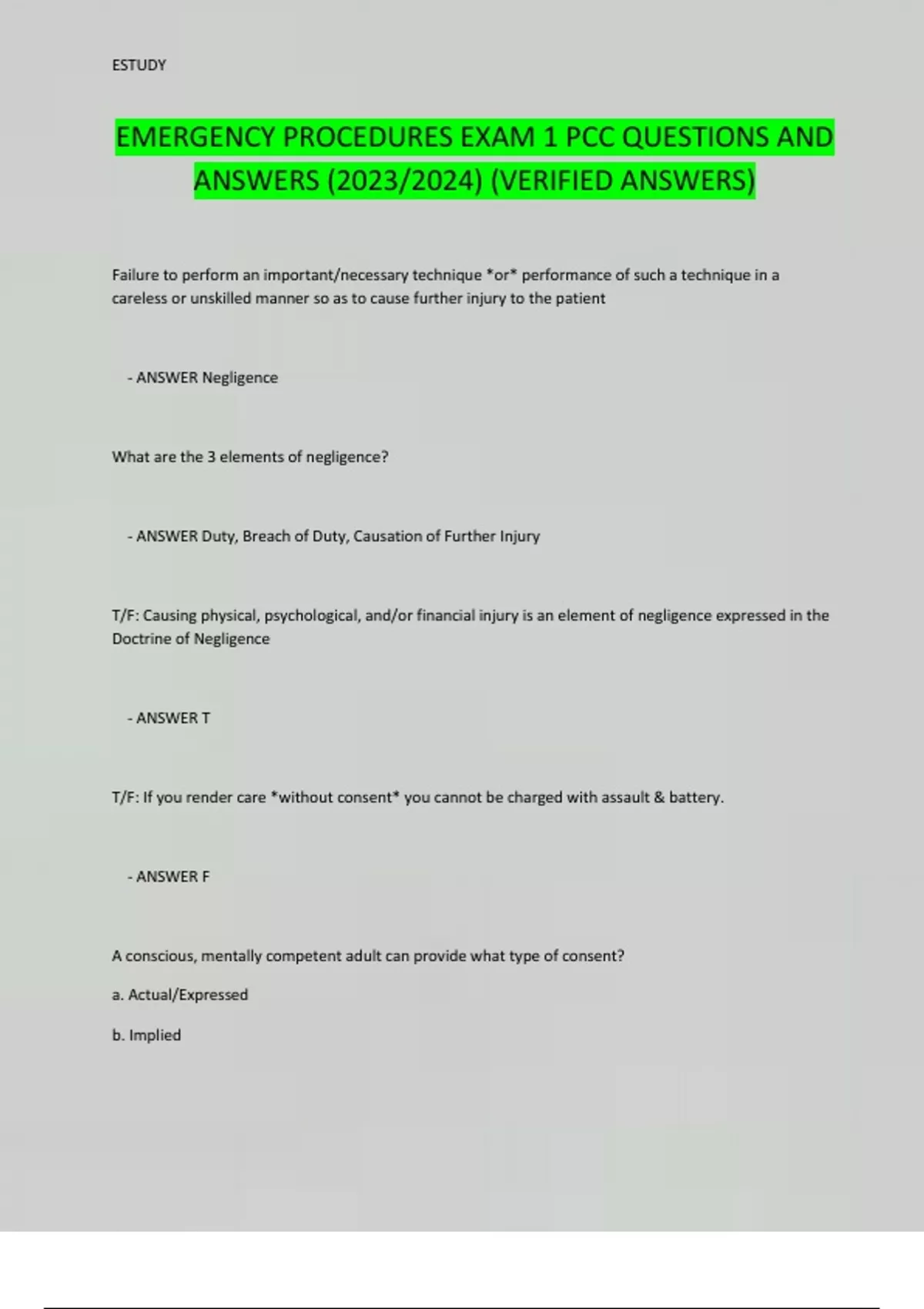Pcc Question Examples EMERGENCY PROCEDURES EXAM 1 PCC QUESTIONS AND ANSWERS (2023/2024 ...