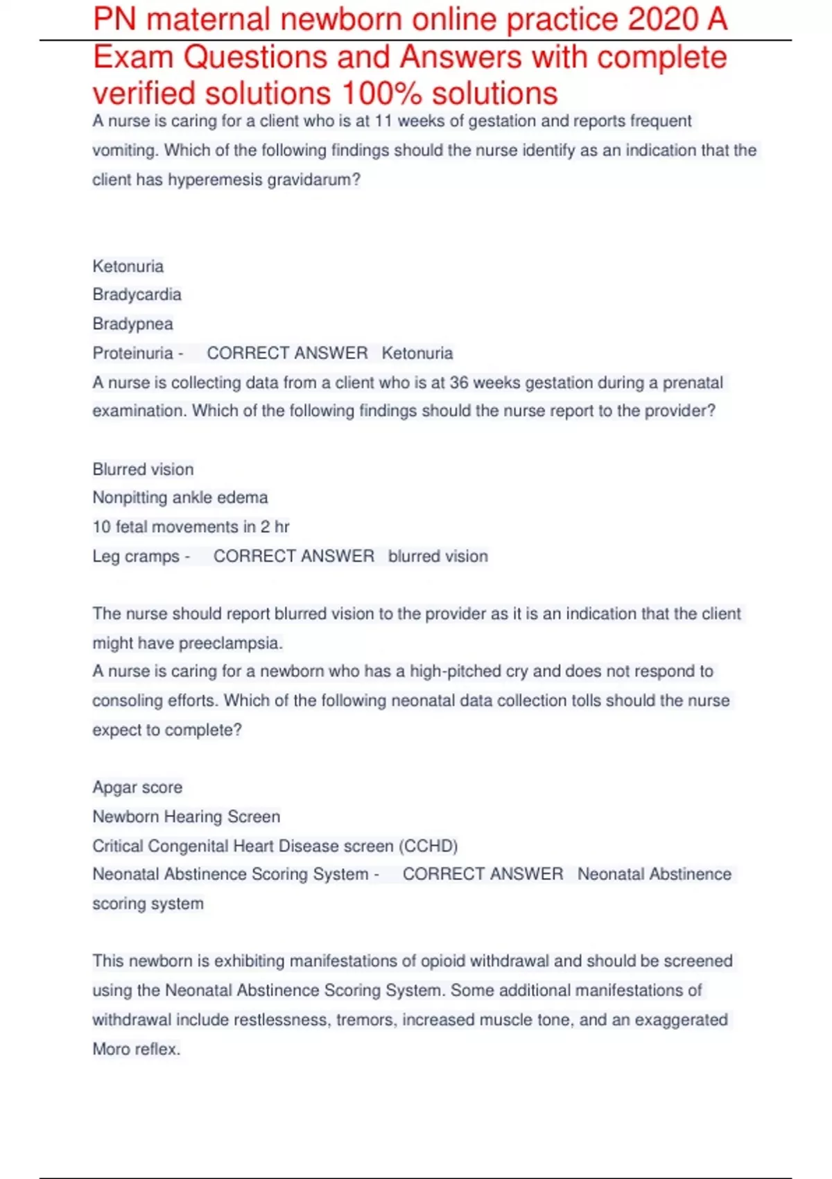 PN maternal newborn online practice 2020 A Exam Questions and Answers with complete verified ...