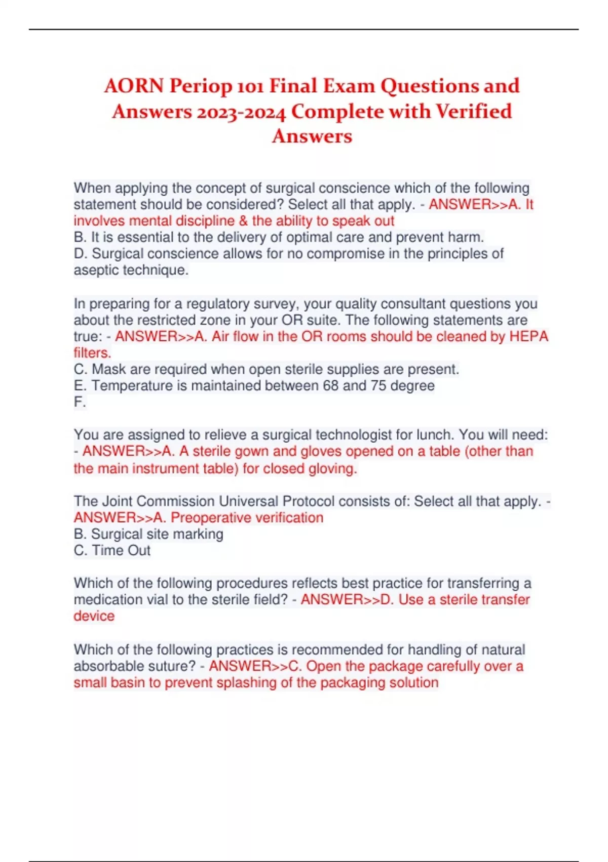 AORN Periop 101 Final Exam Questions and Answers Complete with Verified ...