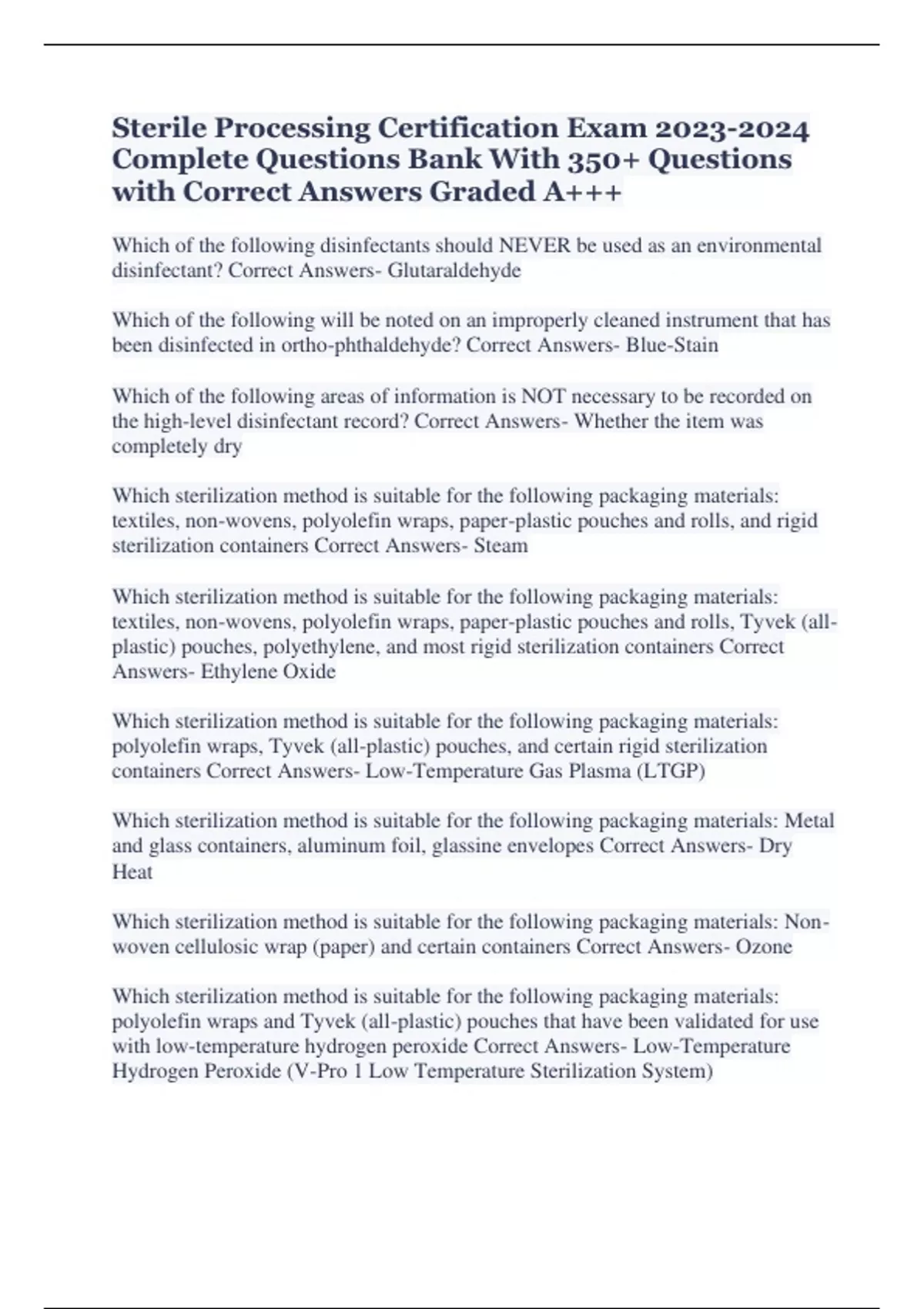 Sterile Processing Certification Exam Complete Questions Bank With 350