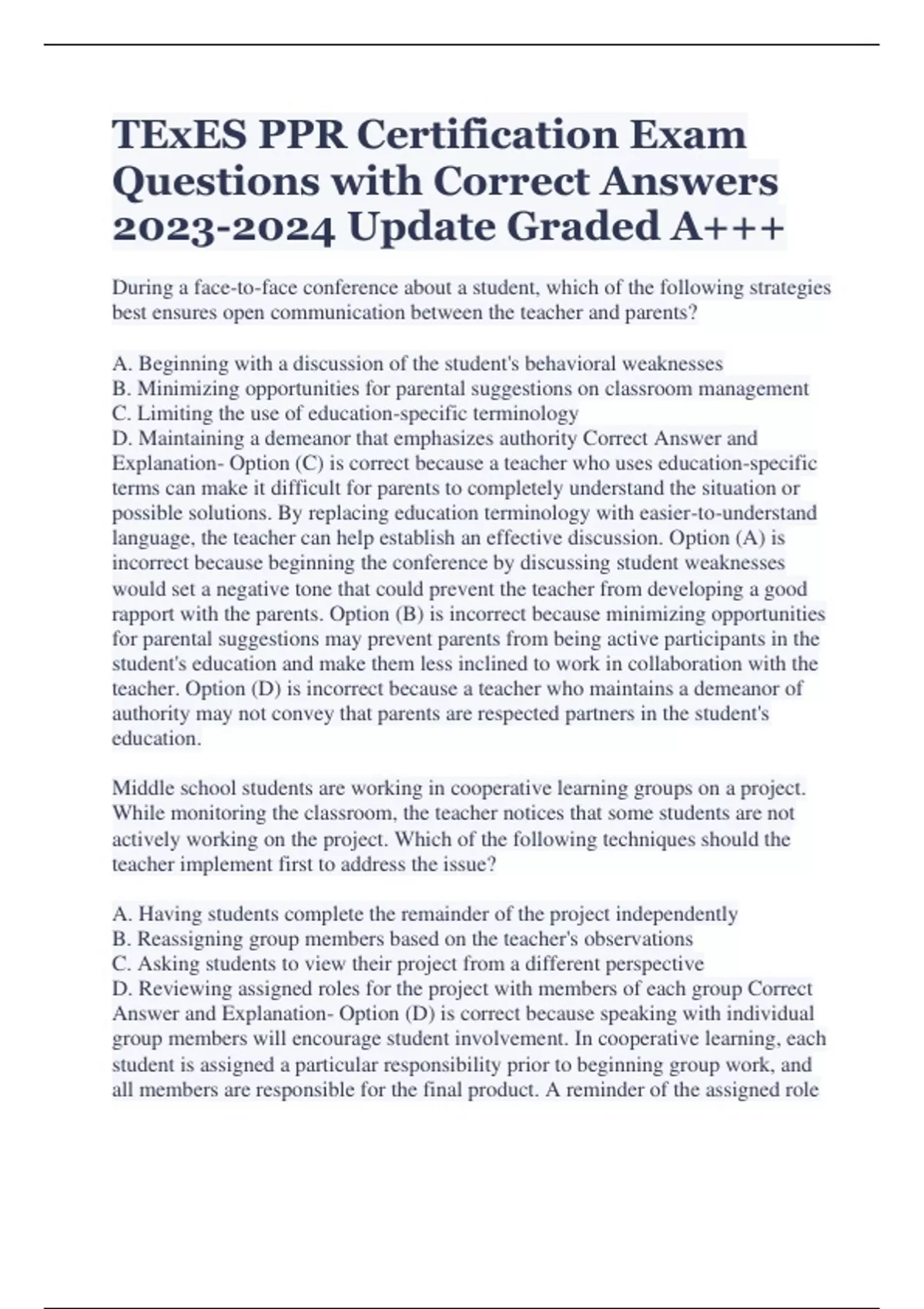 TExES PPR Certification Exam Questions with Correct Answers 20232024