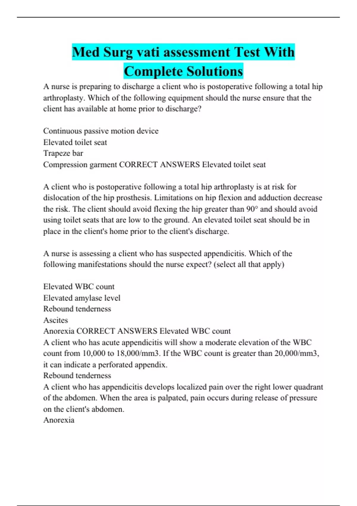 Med Surg vati assessment Test With Complete Solutions Vati Rn