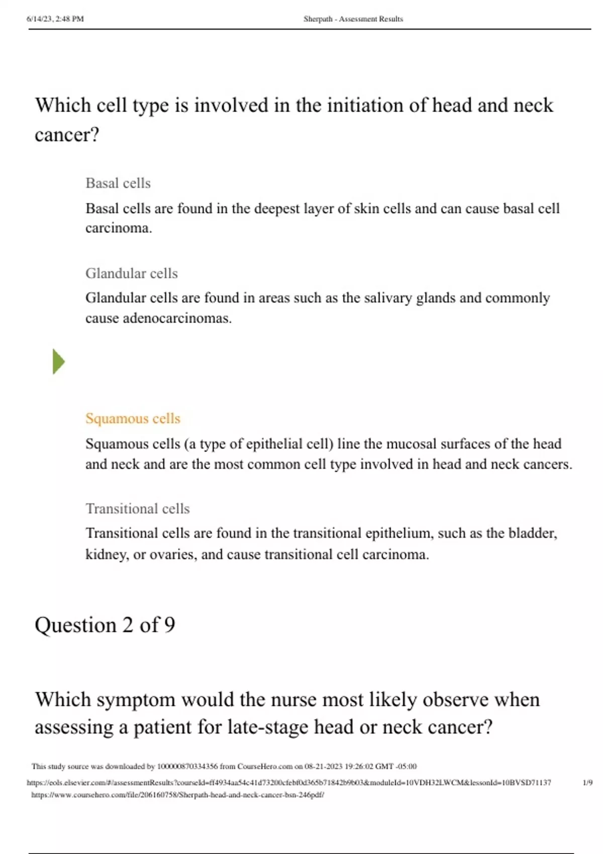 Nightingale College BSN 246 Sherpath head and neck cancer Quiz