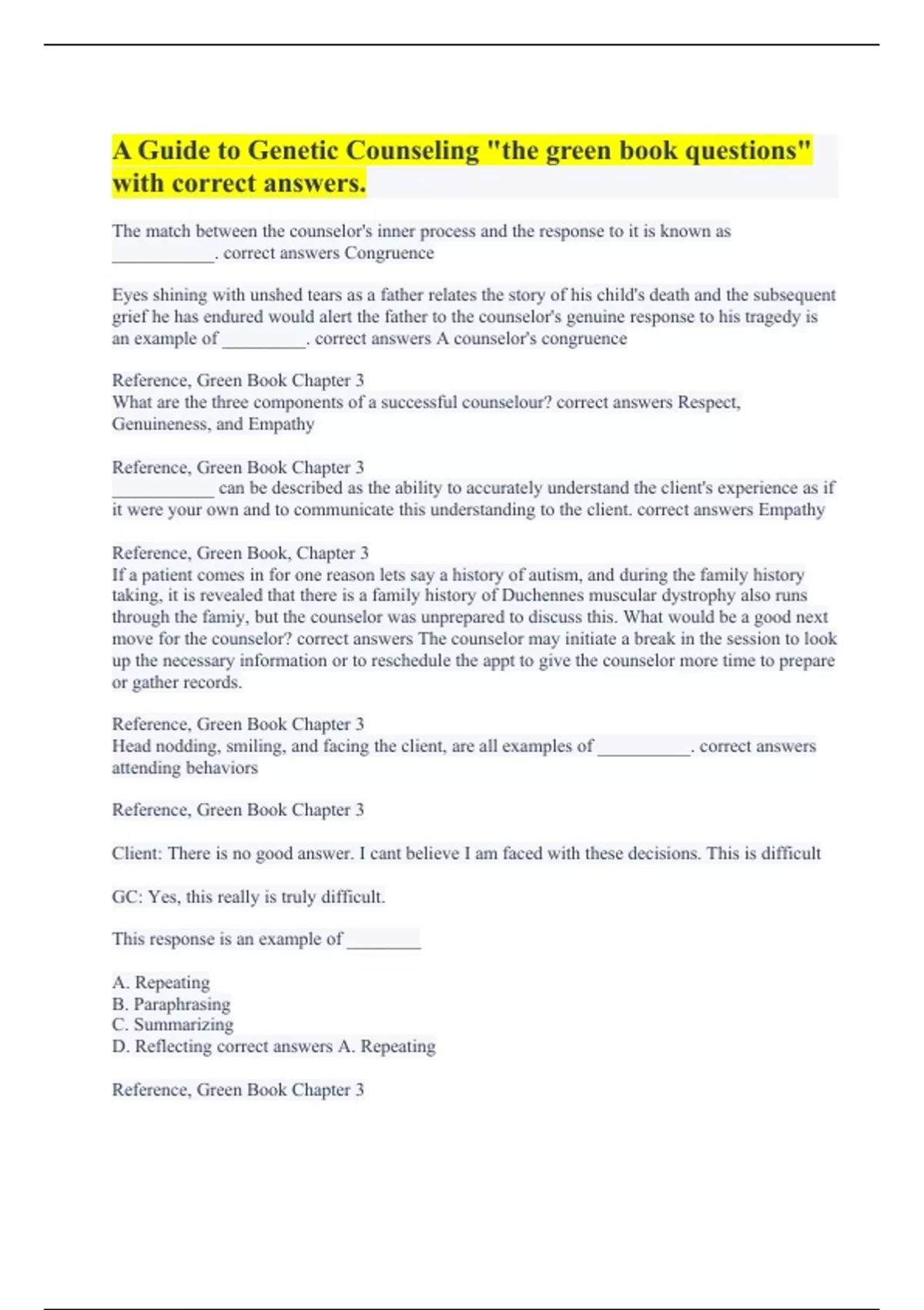 A Guide to Counseling "the green book questions" with correct