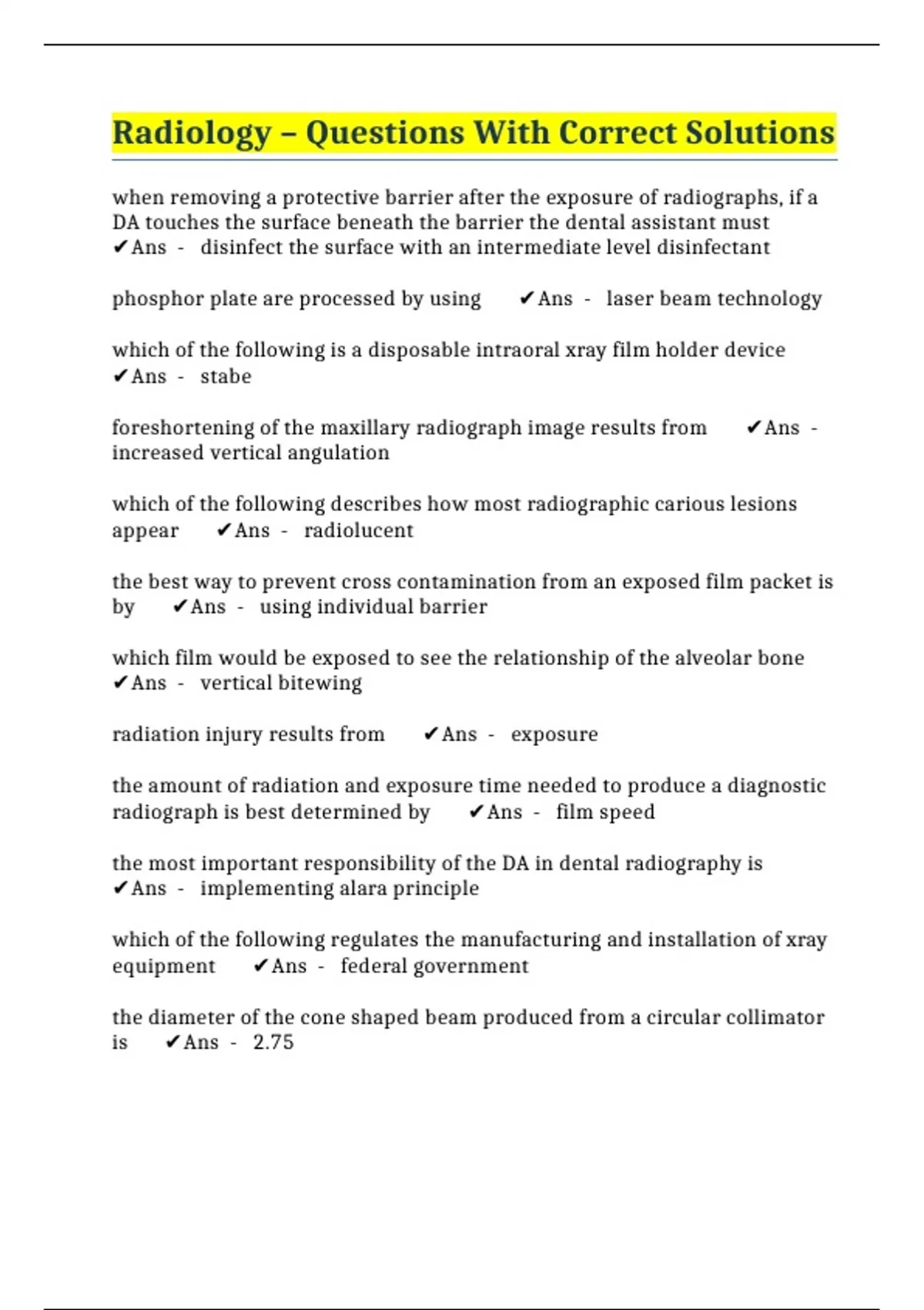 Radiology Questions With Correct Solutions RHS DANB Stuvia US