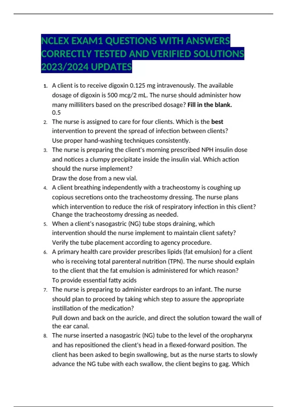 NCLEX EXAM1 QUESTIONS WITH ANSWERS CORRECTLY TESTED AND VERIFIED ...