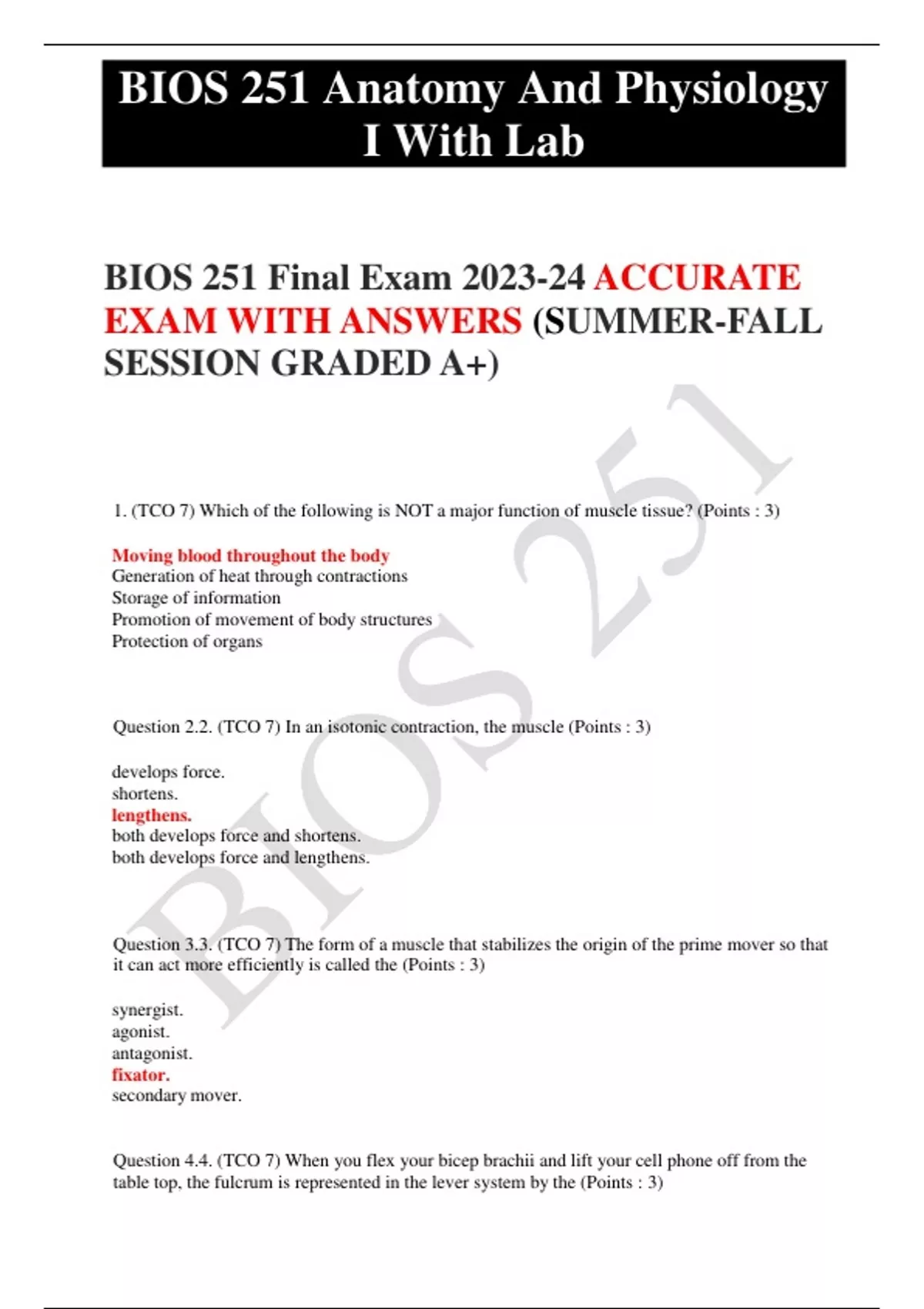 BIOS 251 Anatomy And Physiology I With Lab LATEST UPDATE 2023|2024 ...