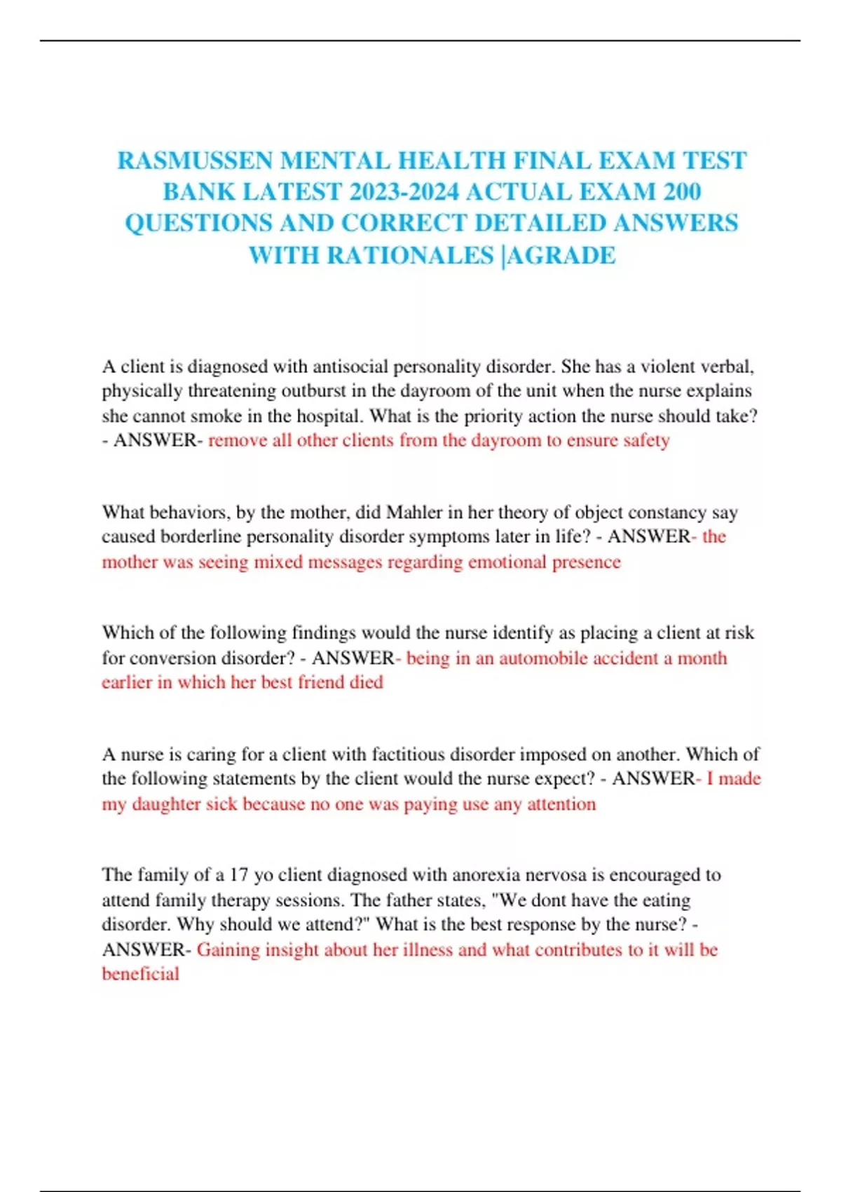RASMUSSEN MENTAL HEALTH FINAL EXAM TEST BANK LATEST ACTUAL EXAM 200