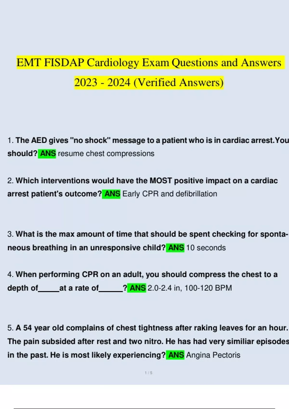 Emt Fisdap Cardiology Initial Exam Questions And Answers Verified