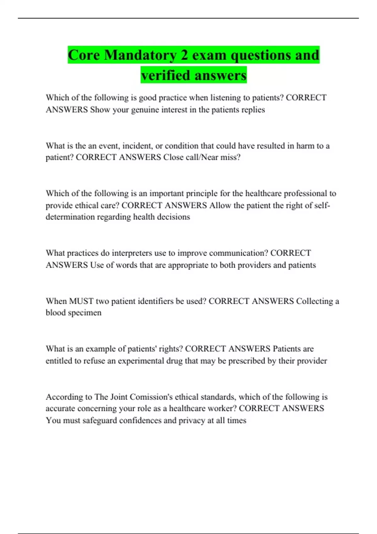 Core Mandatory 2 exam questions and verified answers - Core 