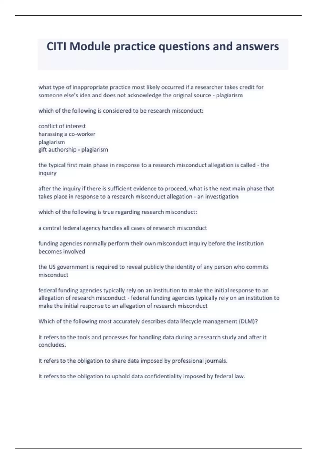 Citi Program Answers Module 1 CITI Module practice questions and answers - CITI Module - Stuvia US