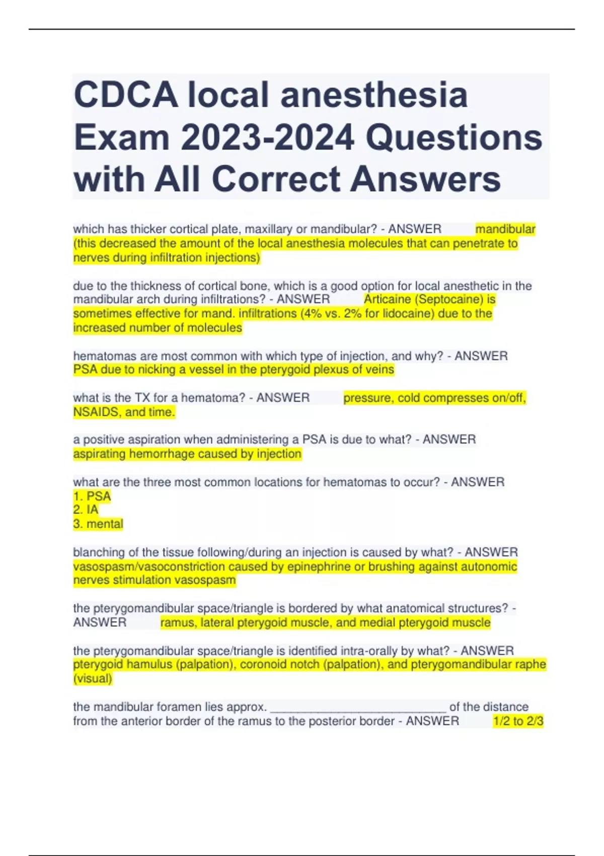 CDCA local anesthesia Exam Questions with All Correct Answers CDCA