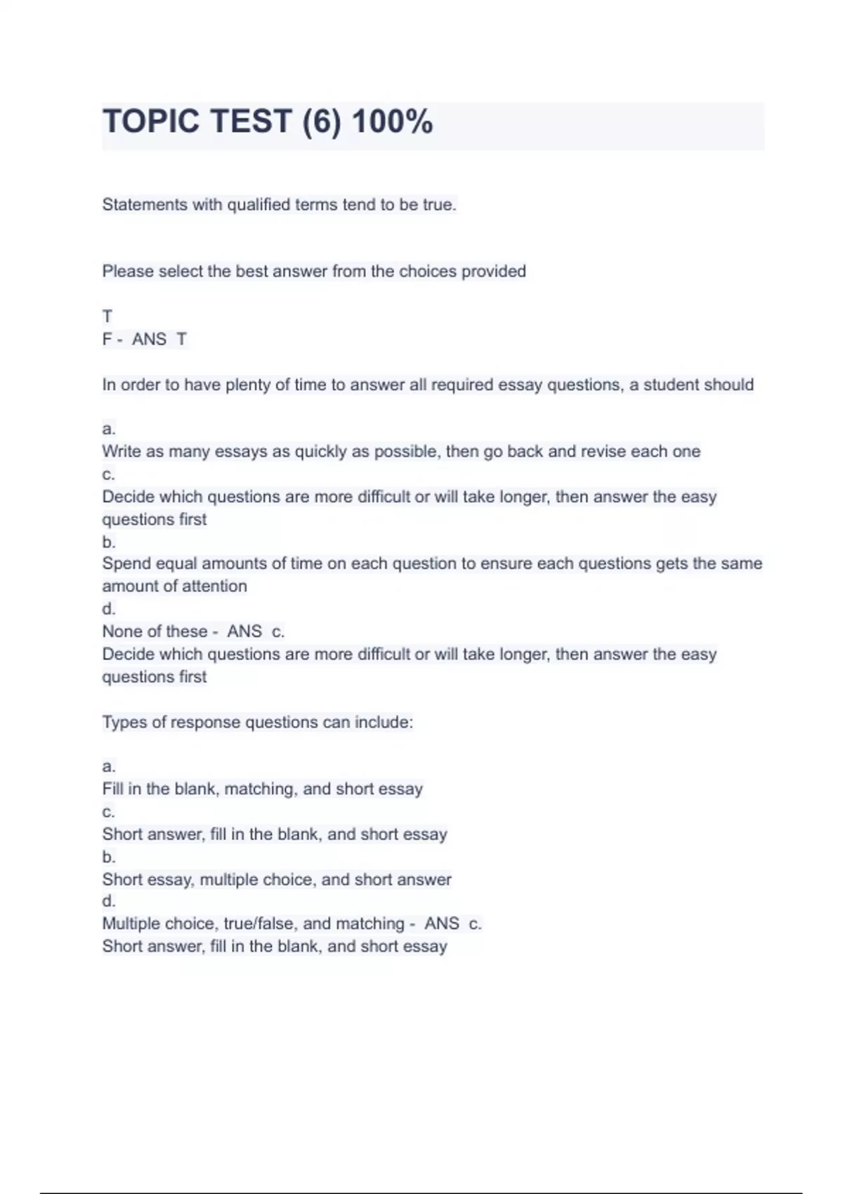 TOPIC TEST (6) 100 CORRECT QUESTIONS AND ANSWERS TIMS Stuvia US