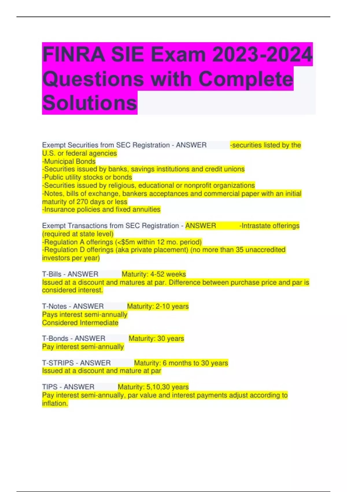 FINRA SIE Exam Questions with Complete Solutions FINRA SIE Stuvia UK