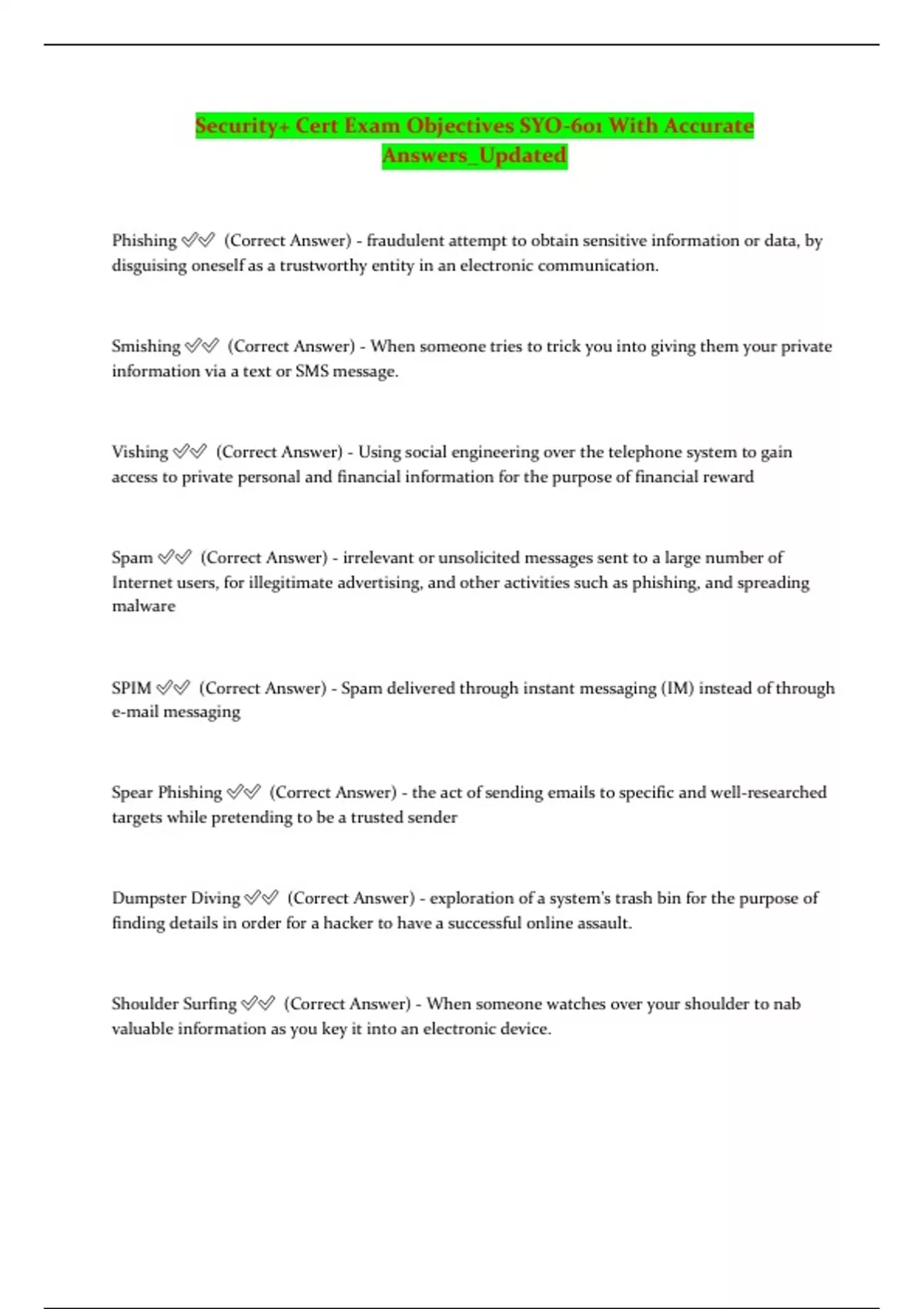 Security+ Cert Exam Objectives SYO-601 With Accurate Answers_Updated ...