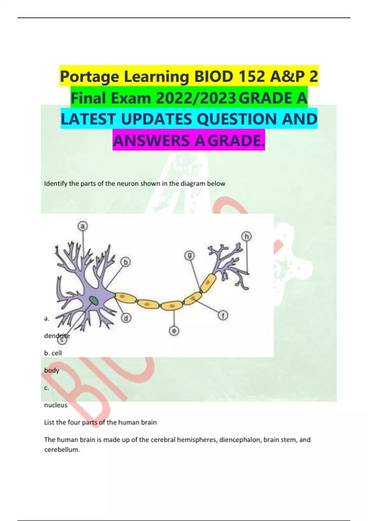 Portage Learning BIOD 152 A&P 2 Final Exam 2022/2023 GRADE A LATEST ...