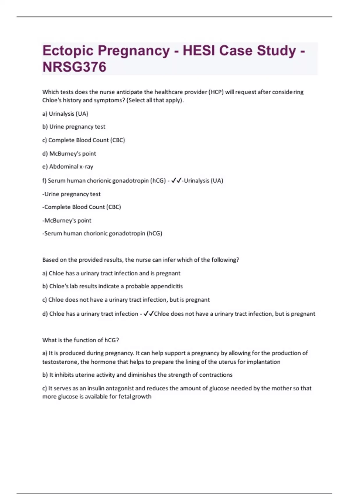 Ectopic Pregnancy HESI Case Study NRSG376 Questions and Answers(A+