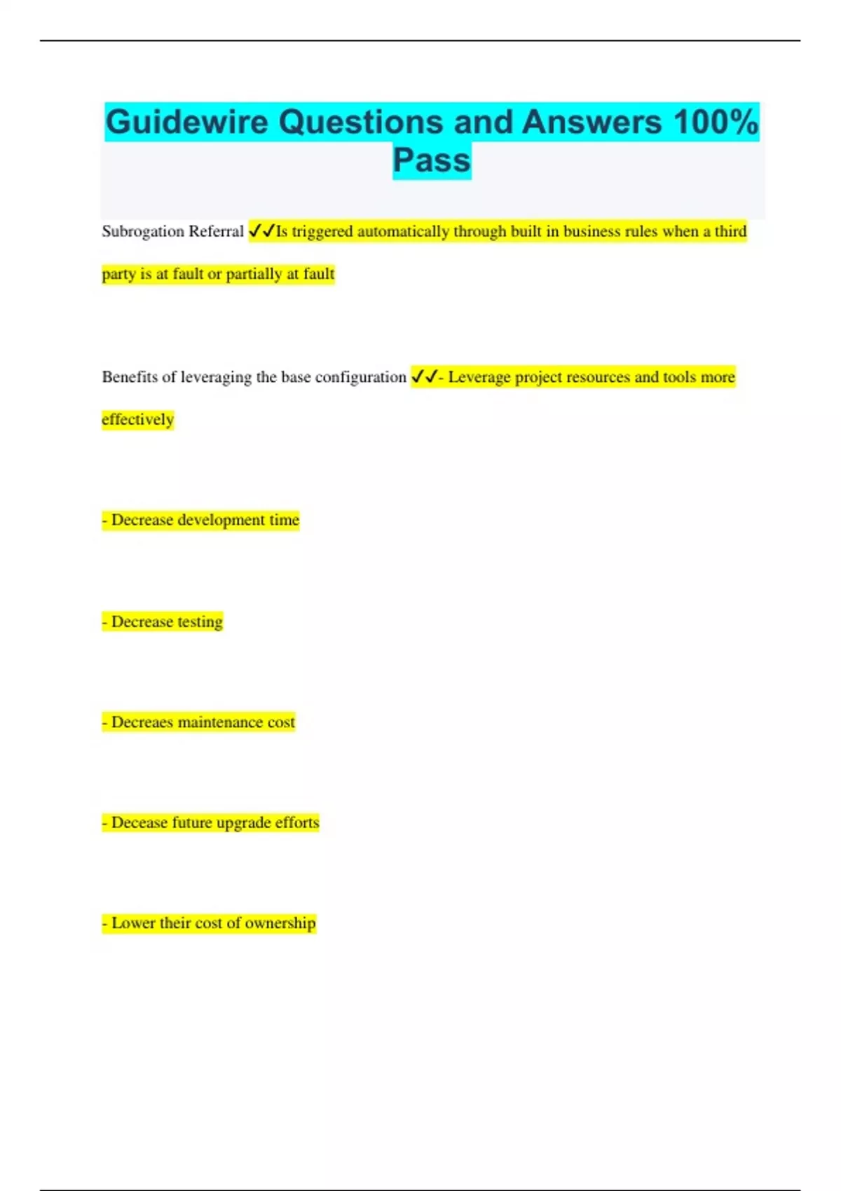 Guidewire Questions and Answers 100 Pass Guiedeewire Stuvia US