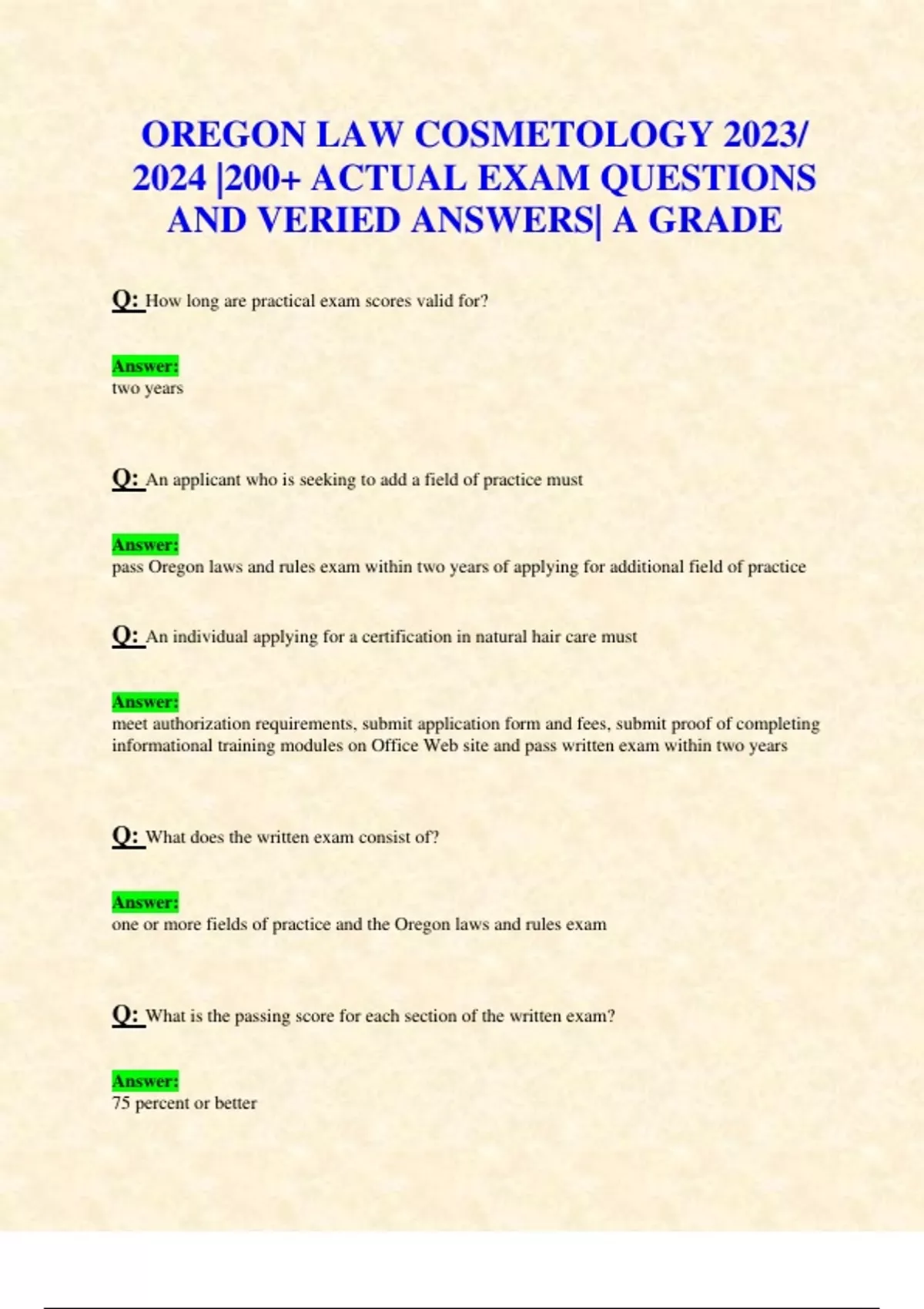 OREGON LAW COSMETOLOGY 2023/ 2024 EXAMS STUDY BUNDLE WITH COMPLETE