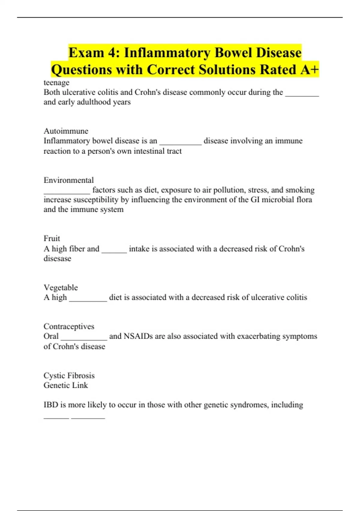Exam 4 Inflammatory Bowel Disease Questions with Correct Solutions