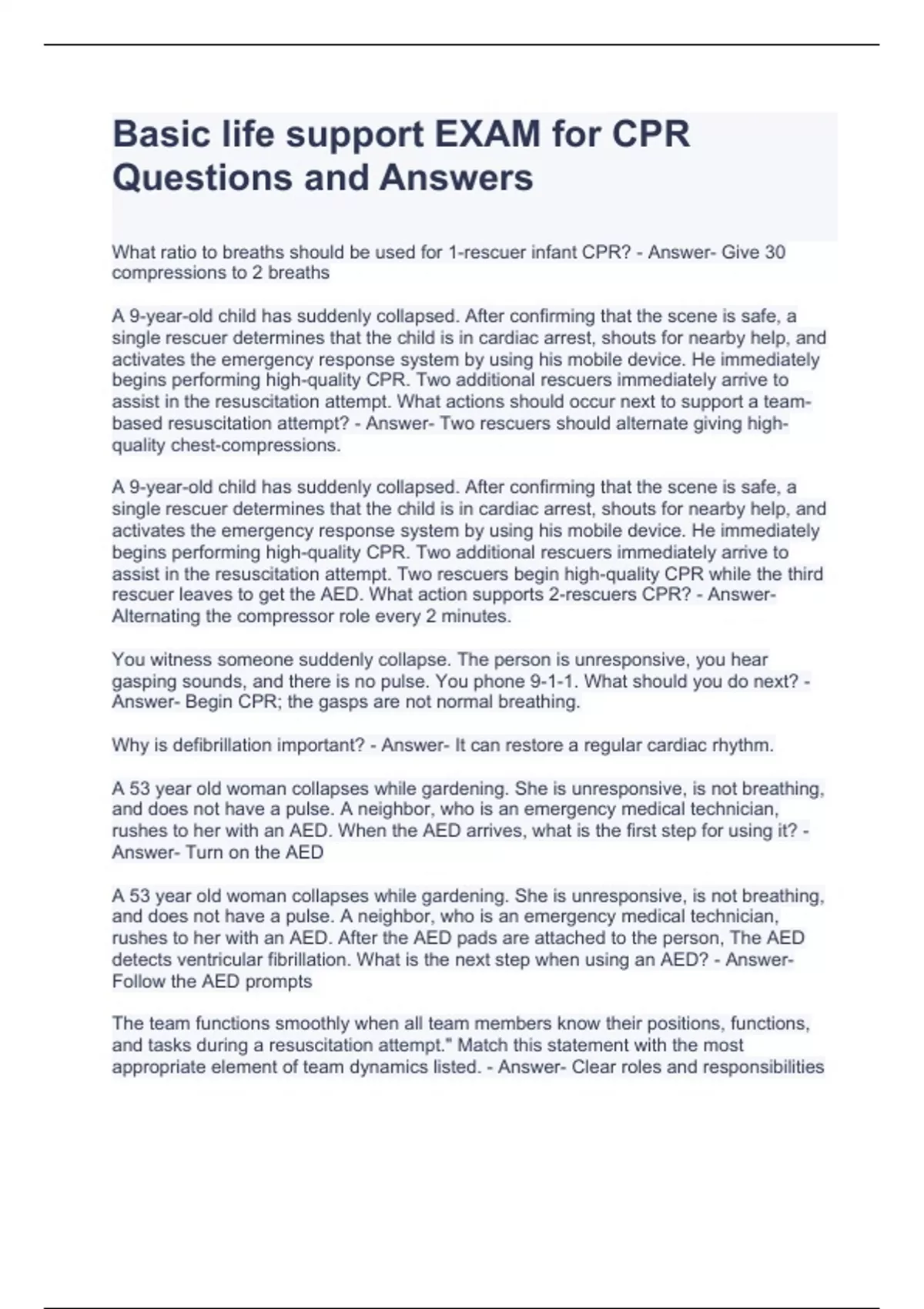 Basic life support EXAM for CPR Questions and Answers Basic life