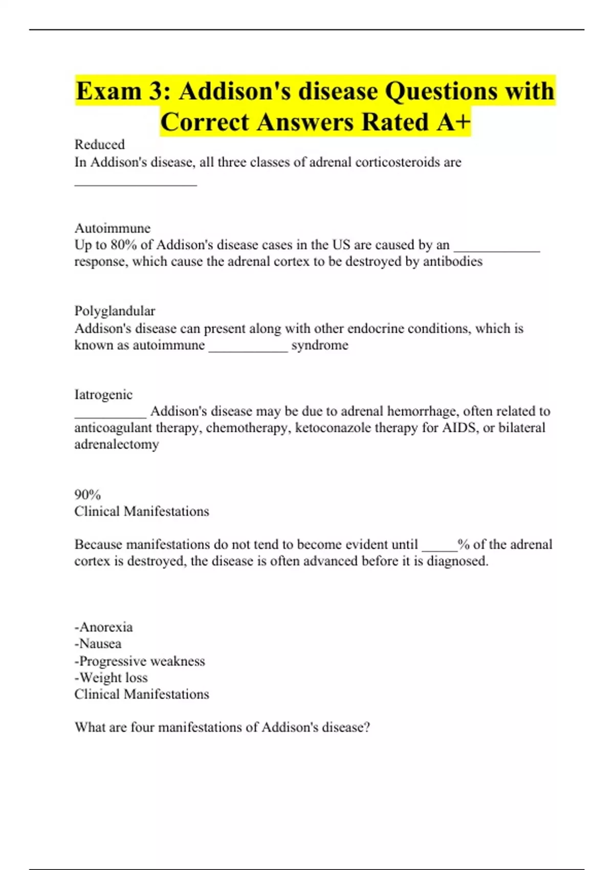 Exam 3 Addison's disease Questions with Correct Answers Rated A+ Addison\'s disease Stuvia US