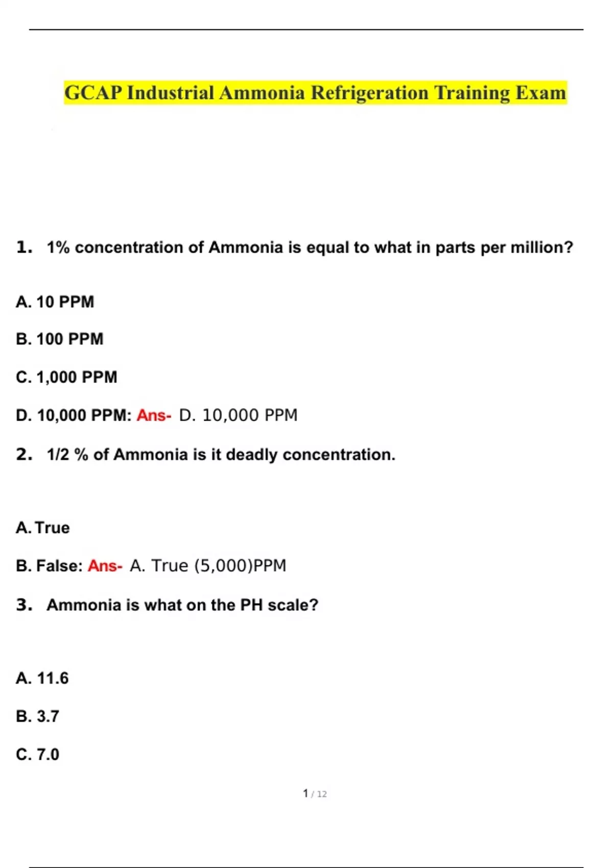 GCAP Industrial Ammonia Refrigeration Training Exam Questions and