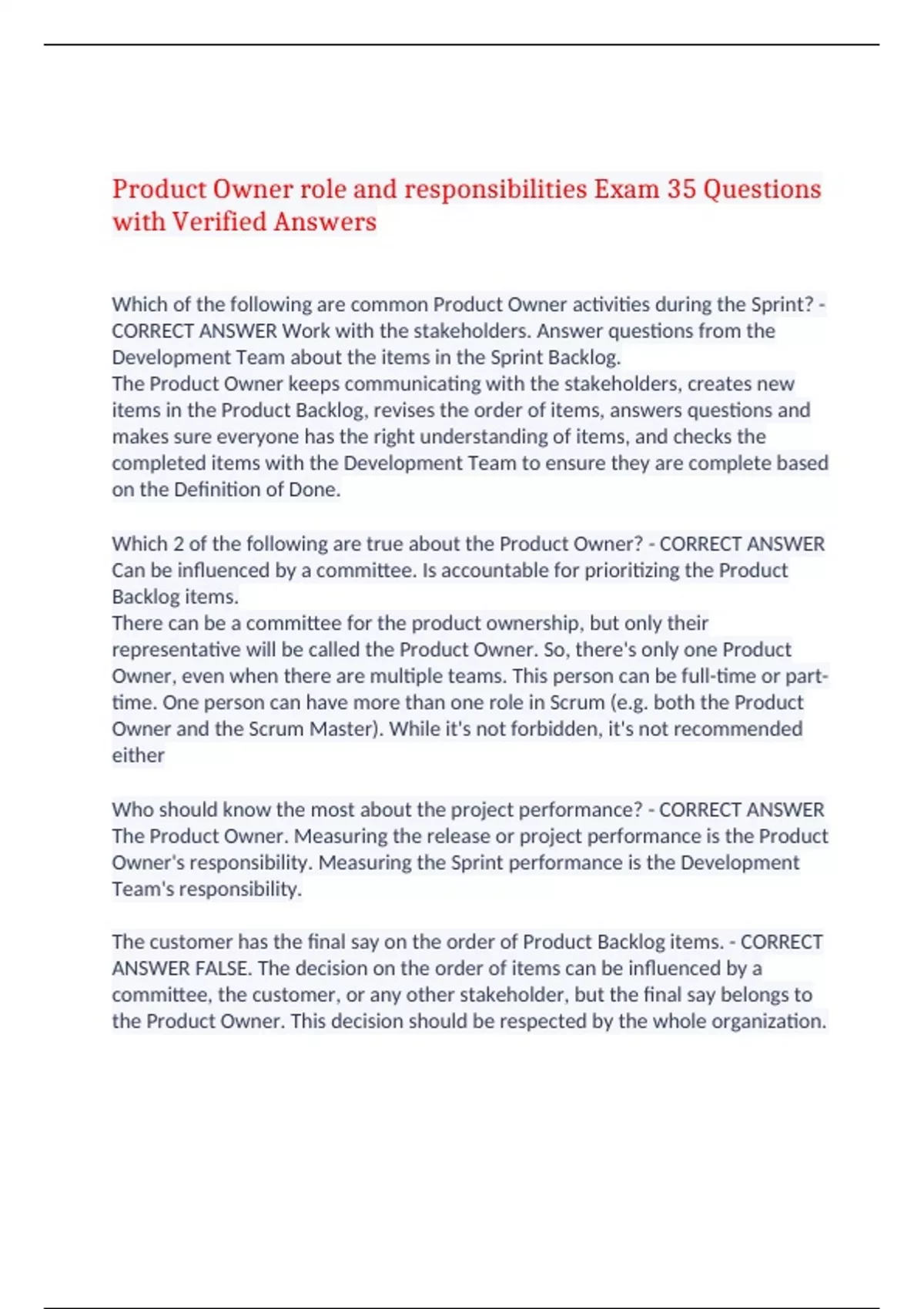 Product Owner role and responsibilities Exam 35 Questions with Verified ...