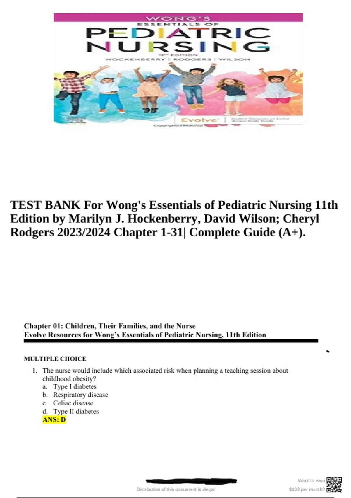 TEST BANK For Wong's Essentials of Pediatric Nursing 11th Edition by ...