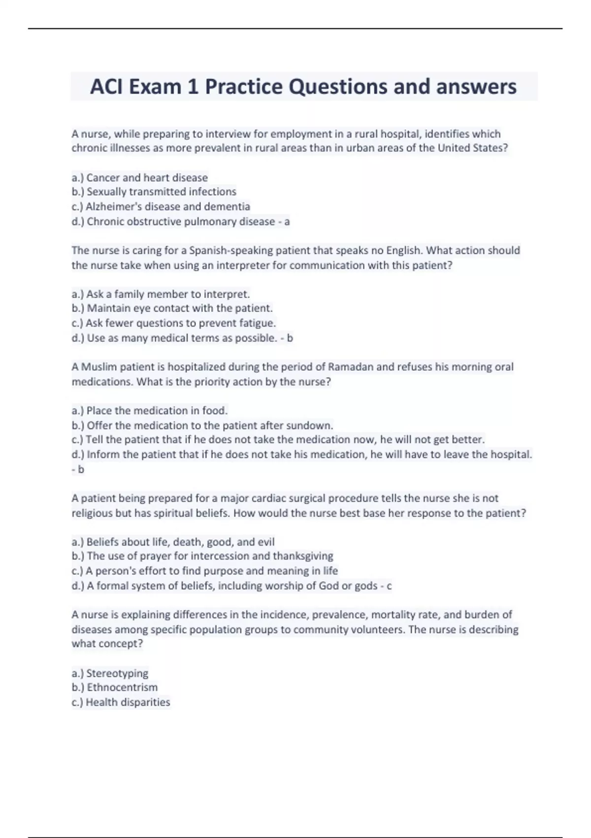 ACI Exam 1 Practice Questions and answers - ACI - Stuvia US