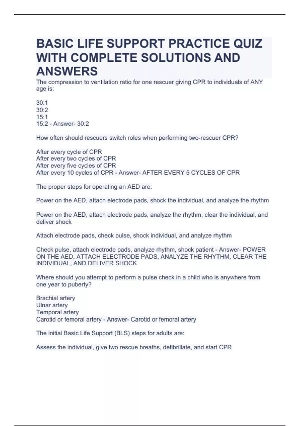 BASIC LIFE SUPPORT PRACTICE QUIZ WITH COMPLETE SOLUTIONS AND ANSWERS