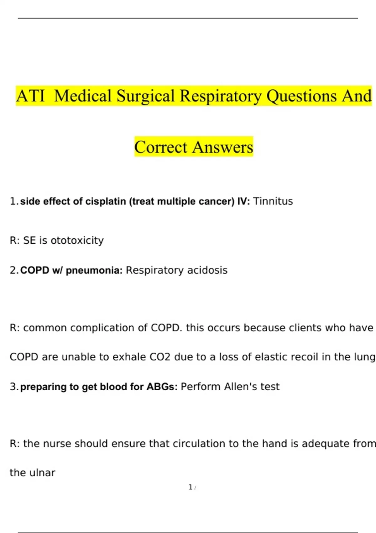 ATI MedicalSurgical Respiratory questions with correct answers