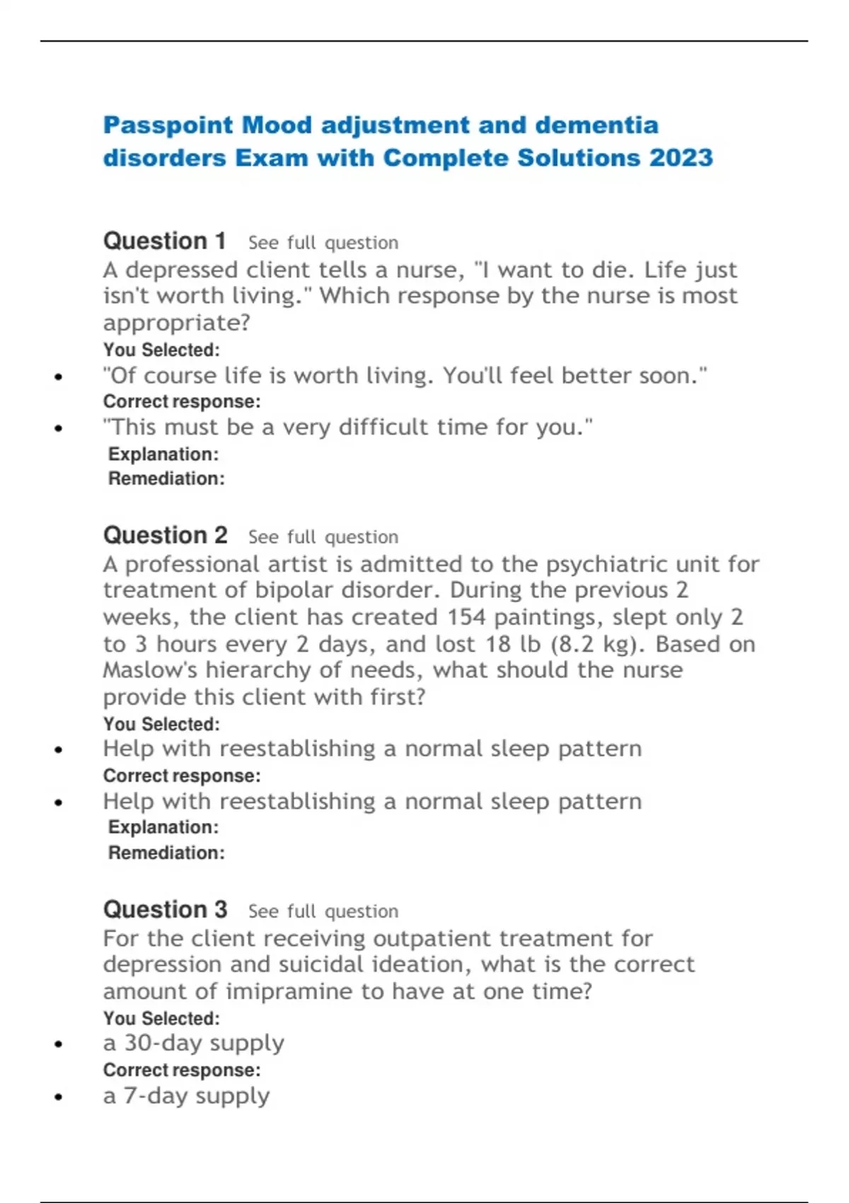 Passpoint Mood adjustment and dementia disorders Exam with Complete ...