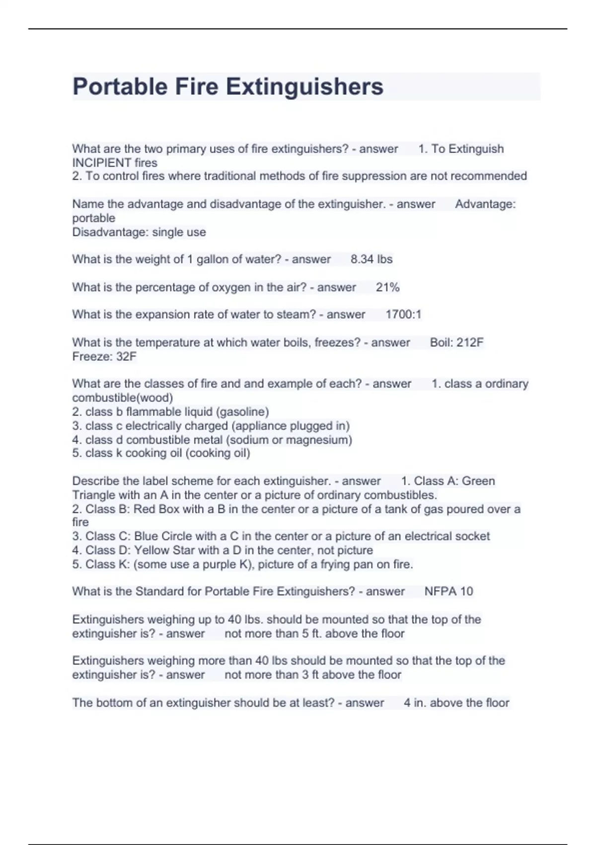 Portable Fire Extinguishers Questions with correct Answers Fire extinguisher Stuvia US