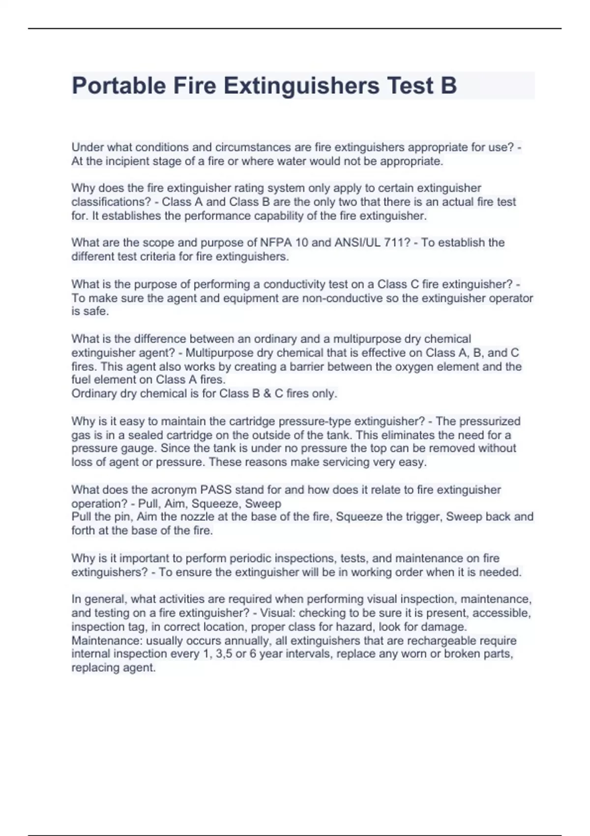 Portable Fire Extinguishers Test B Questions with complete solutions