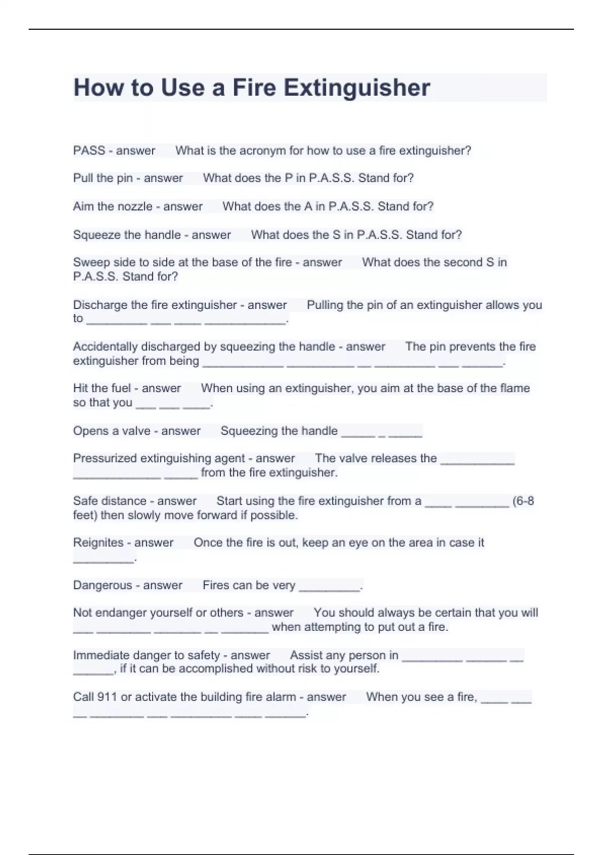 How to Use a Fire Extinguisher Questions with correct Answers Fire extinguisher Stuvia US