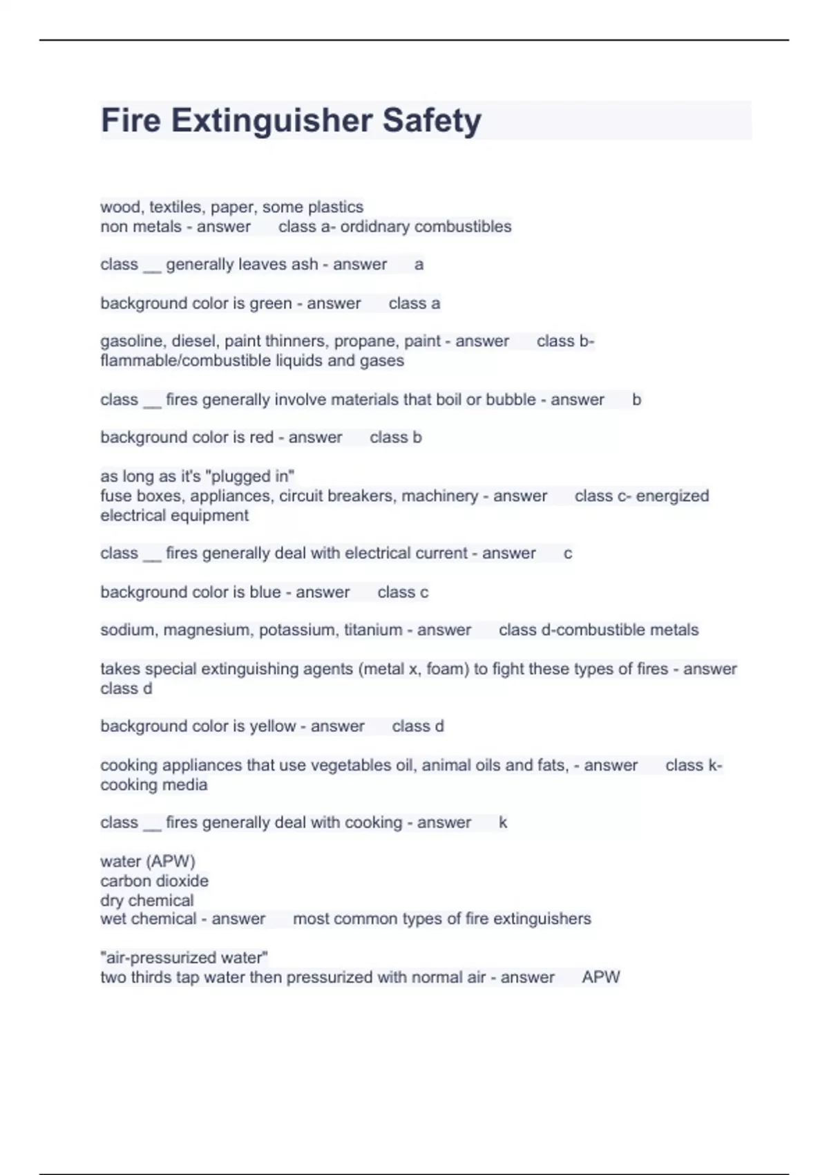 Fire Extinguisher Safety Questions with correct Answers Fire extinguisher Stuvia US