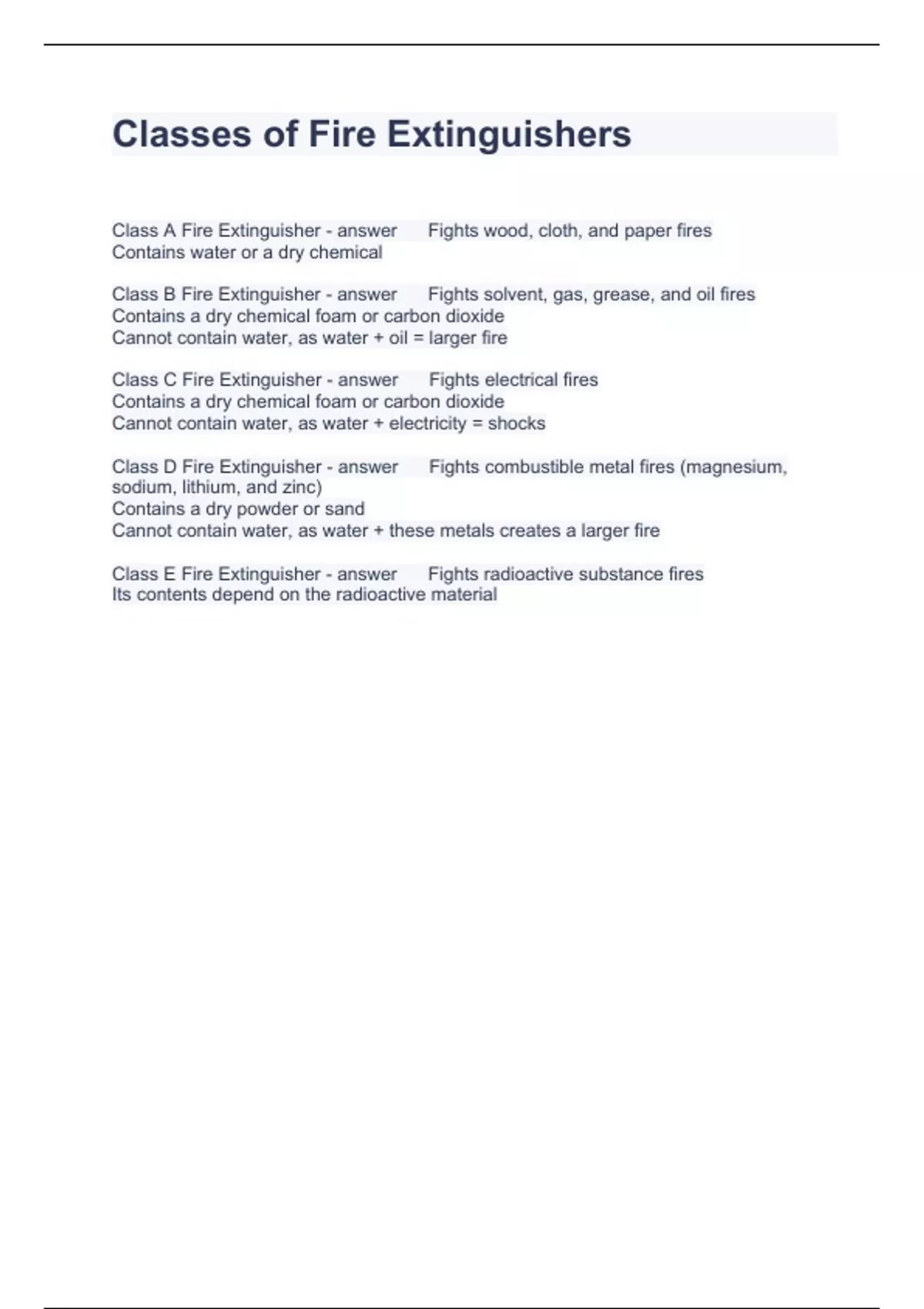 Classes of Fire Extinguishers Questions with correct Answers Fire extinguisher Stuvia US