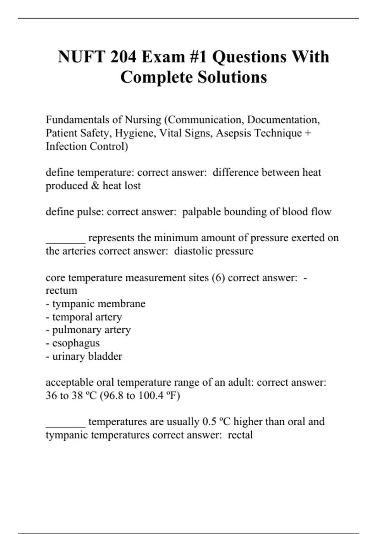 NUFT 204 Exam #1 Questions With Complete Solutions - NUFT 204 - Stuvia US