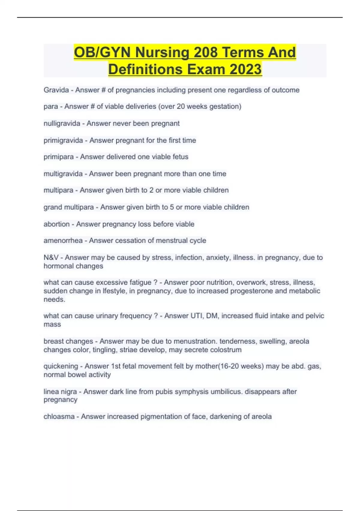 OB/GYN Nursing 208 Terms And Definitions Exam 2023 - OB Nursing - Stuvia US