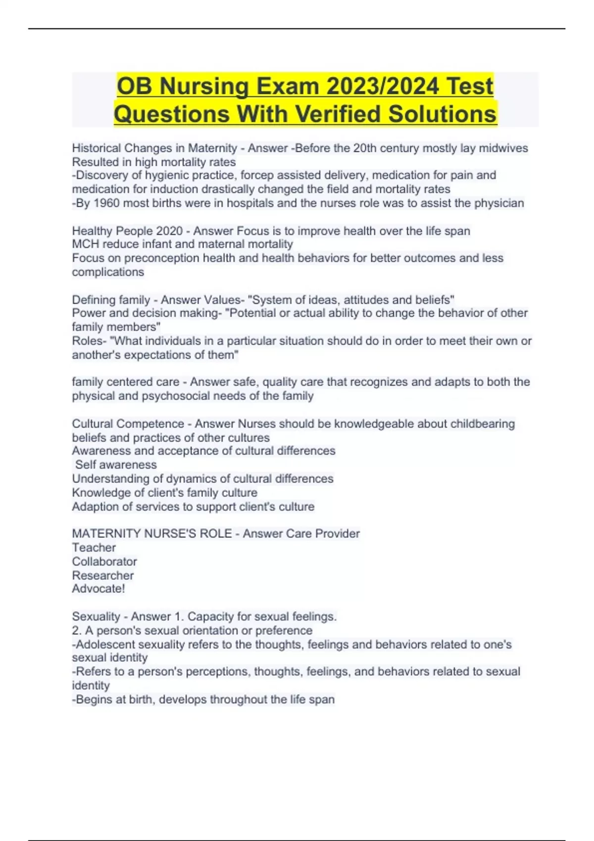 OB Nursing Exam 2023/2024 Test Questions With Verified Solutions OB