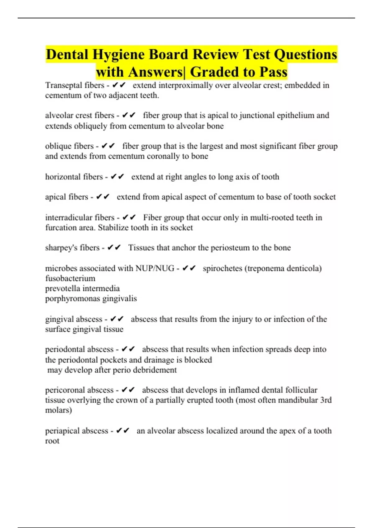 Dental Hygiene Board Review Test Questions with Answers Graded to Pass