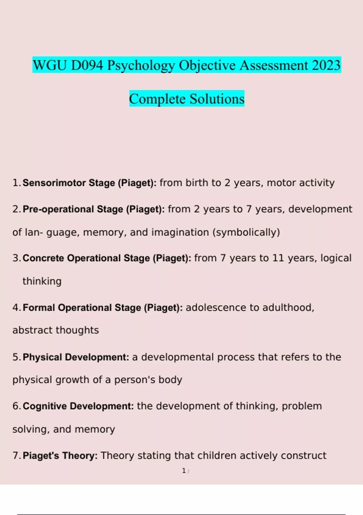 WGU D094 Psychology Objective Assessment 2023 Complete Solutions ...