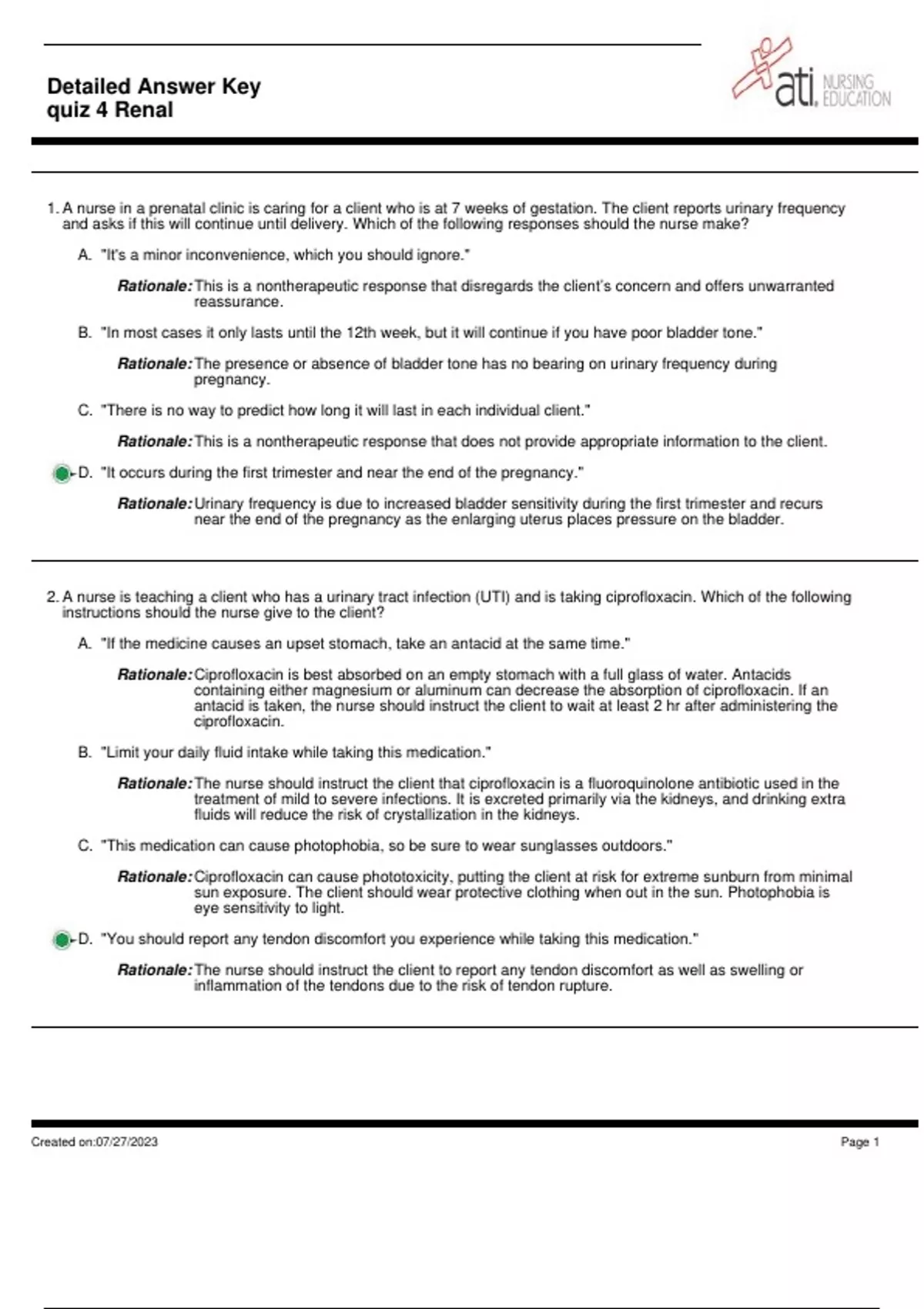 ATI Renal System - Medical surgical nursing - Stuvia US