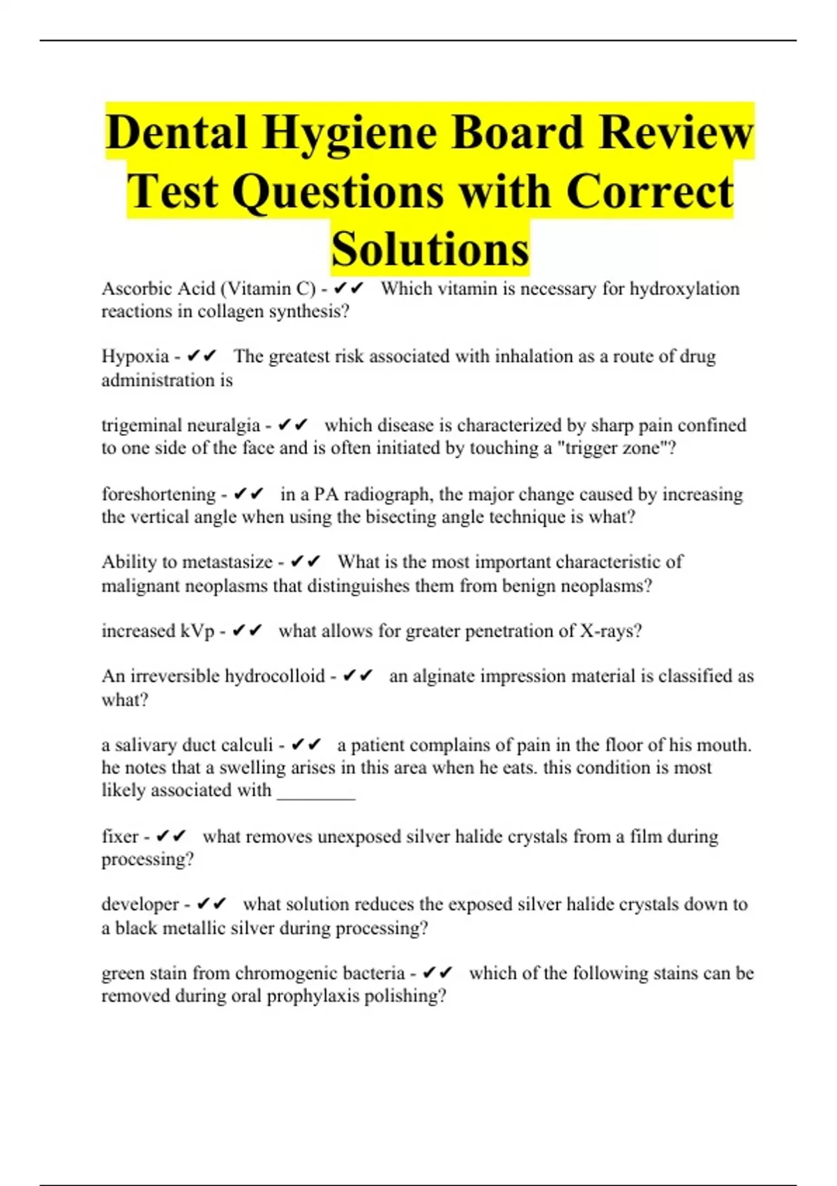 Dental Hygiene Board Review Test Questions with Correct Solutions