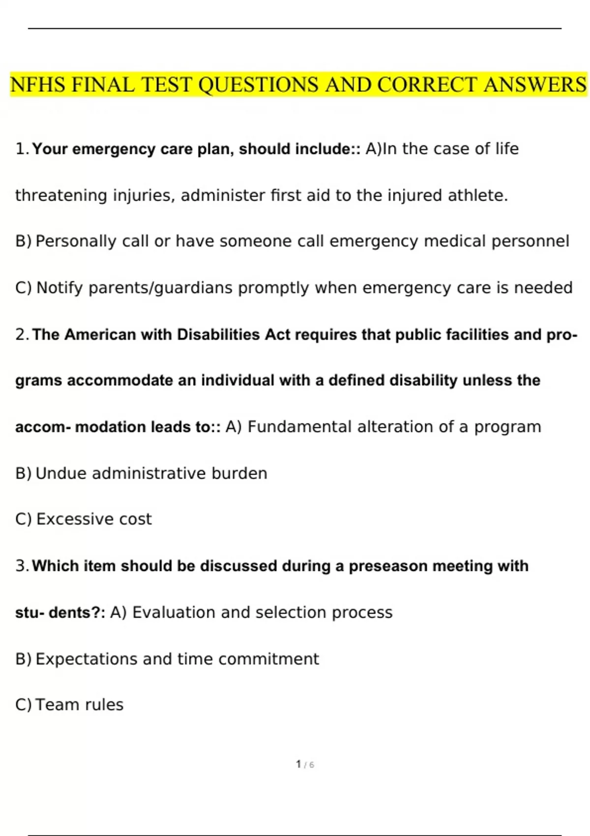 NFHS FINAL TEST QUESTIONS WITH COMPLETE SOLUTIONS - NFHS - Stuvia US