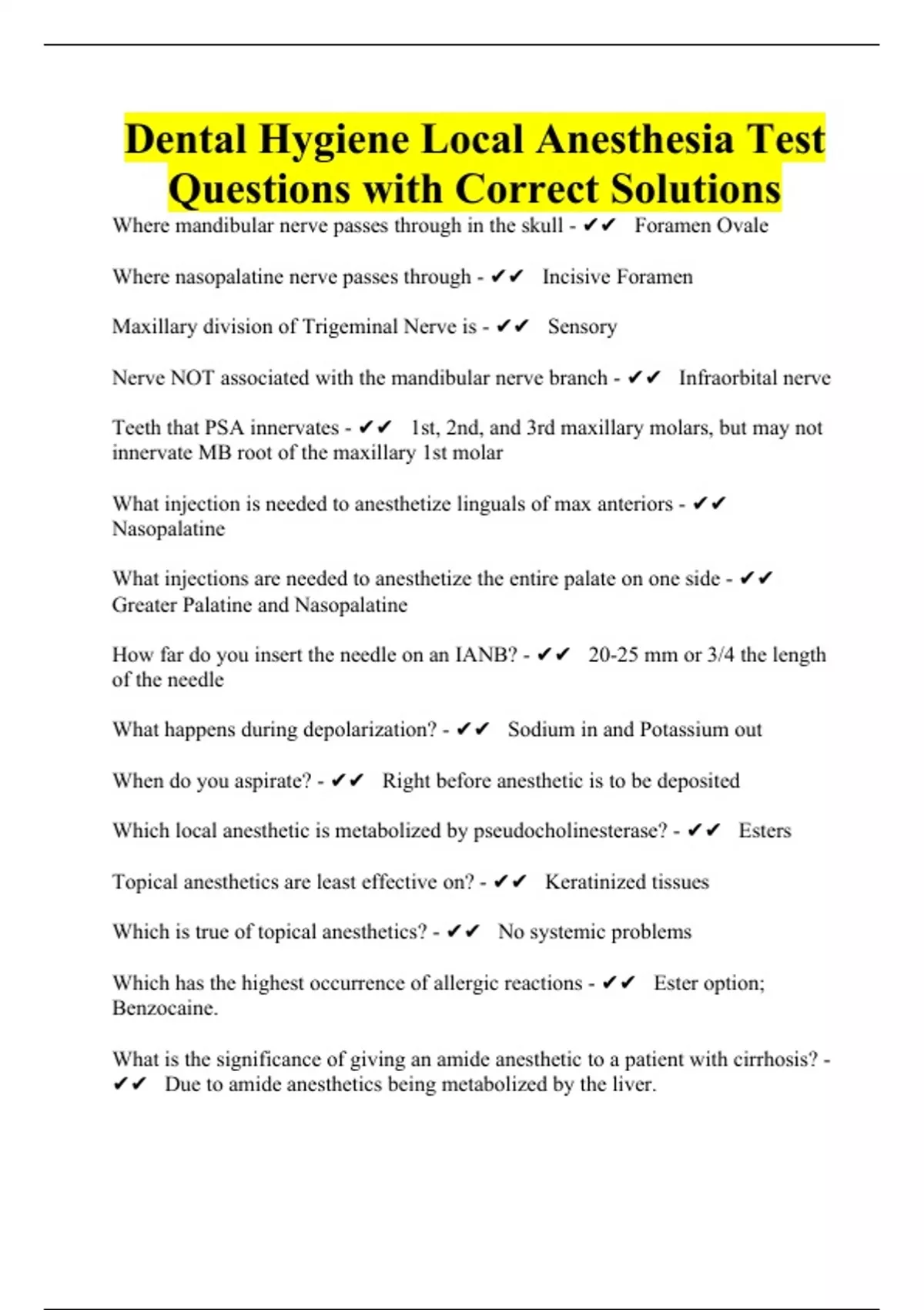 Dental Hygiene Local Anesthesia Test Questions with Correct Solutions Dental Hygiene Stuvia UK